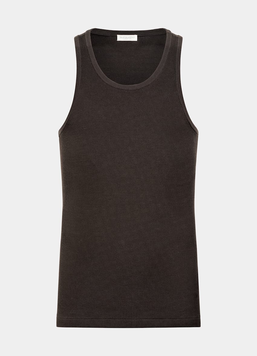 SUITSUPPLY Cotton Silk Brown Ribbed Tank Top